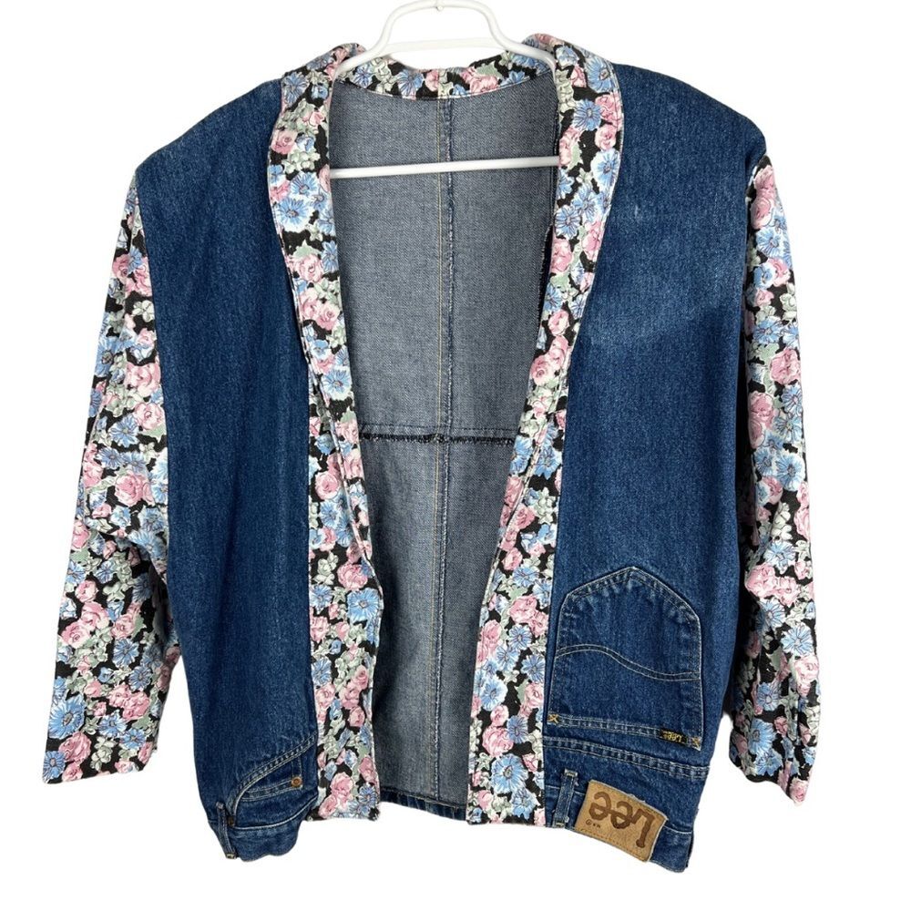 Denim blazer jacket Lee handmade from 2 different jeans floral one of a kind